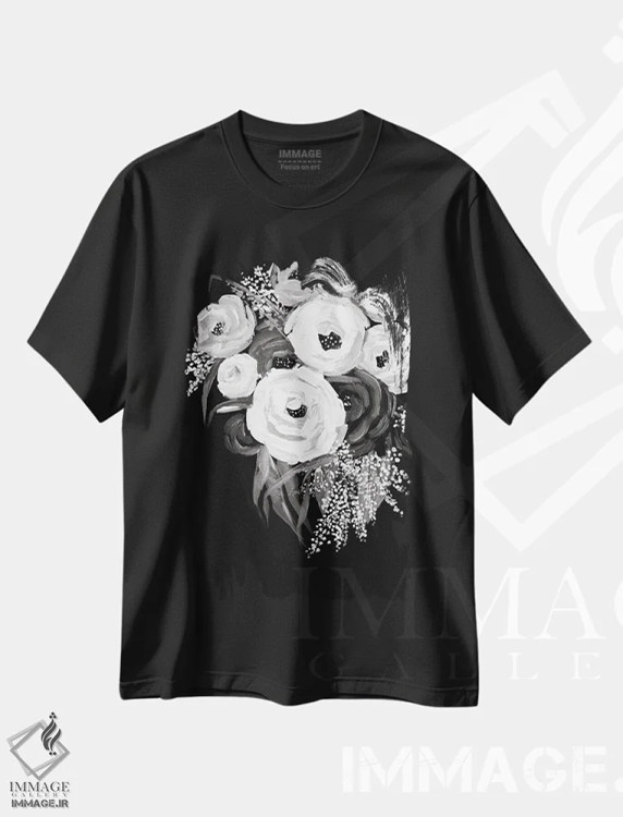 تیشرت مشکی طرح دار طرح گل سیاه و سفید، هنر تزئینی سیاه و سفید اثر داگوود پورتفولیو | immage.ir