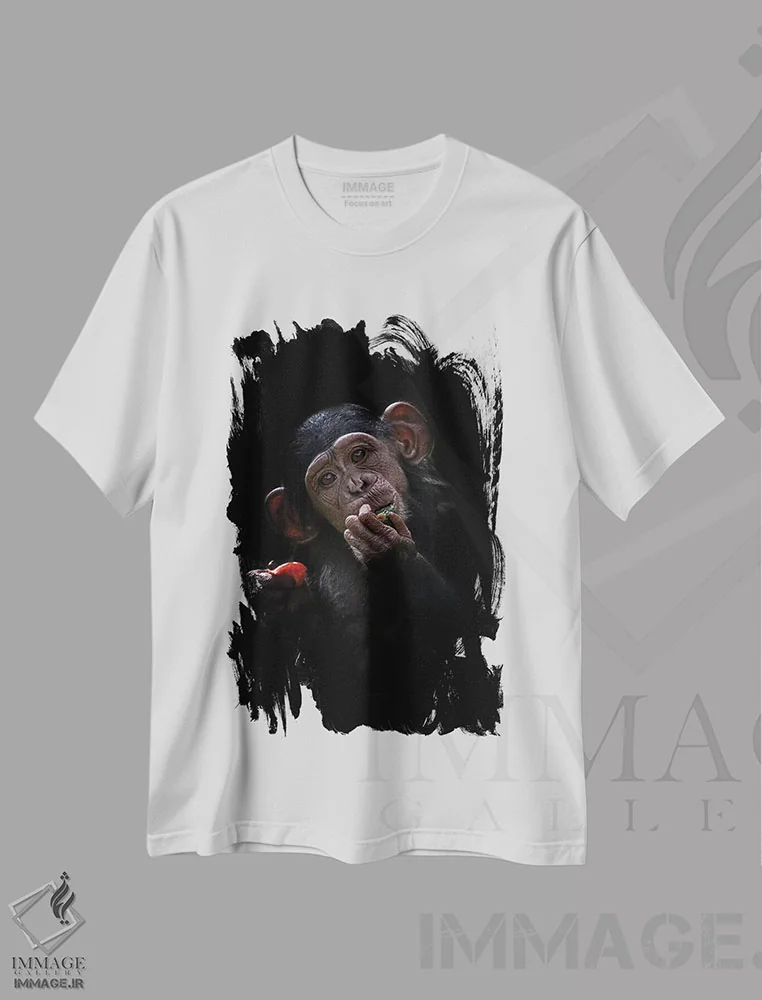 تیشرت سفید طرح دار شامپانزه بچه، هنر فاخر معاصر اثر دیوید وولَن | فروشگاه ایماژ