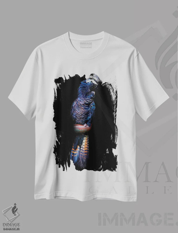 تیشرت سفید طرح دار کاکاتوی دم قرمز سیاه، هنر فاخر معاصر اثر دیوید وولَن | فروشگاه ایماژ