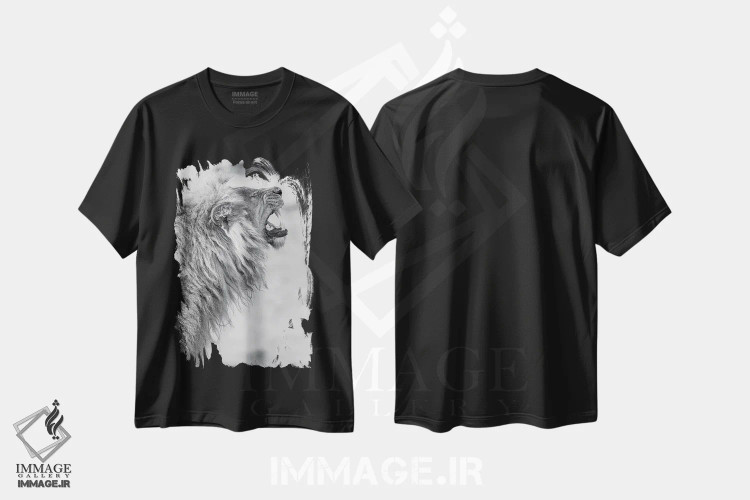 تیشرت مشکی طرح دار شیر خمیازه کش، عکاسی سیاه و سفید اثر دیوید وولَن | فروشگاه ایماژ
