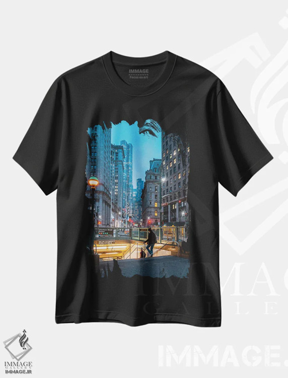 تیشرت مشکی طرح دار ساعت آبی در منطقه مالی نیویورک، مدیوم اثر دیلان واکر | فروشگاه ایماژ