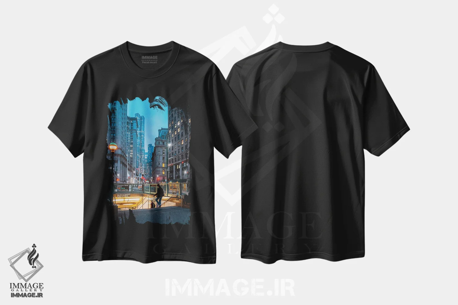 تیشرت مشکی طرح دار ساعت آبی در منطقه مالی نیویورک، مدیوم اثر دیلان واکر | فروشگاه ایماژ