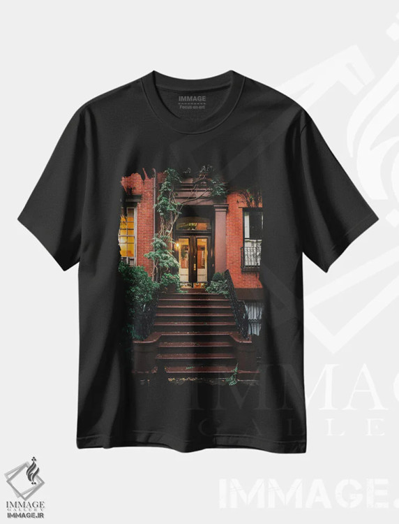 تیشرت مشکی طرح دار پله های ورودی بهاری در بروکلین، مدیوم اثر دیلان واکر | فروشگاه ایماژ