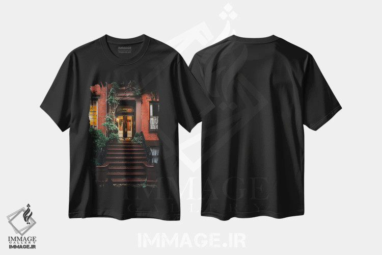 تیشرت مشکی طرح دار پله های ورودی بهاری در بروکلین، مدیوم اثر دیلان واکر | فروشگاه ایماژ
