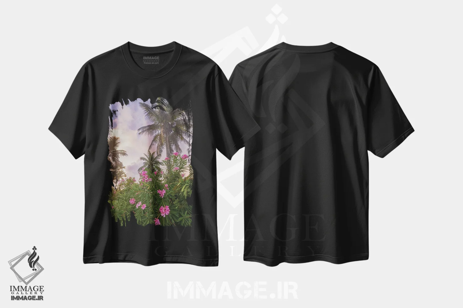 تیشرت مشکی طرح دار طلوع آفتاب در میان نخل ها، عکاسی ماکرو اثر دارن وایت فوتوگرافی | فروشگاه ایماژ