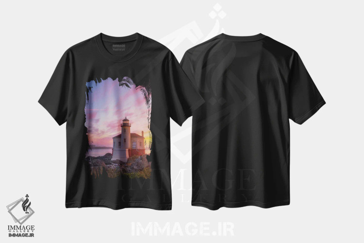 تیشرت مشکی طرح دار ماه بر فراز فانوس دریایی، مدیوم اثر دارن وایت فوتوگرافی | immage.ir