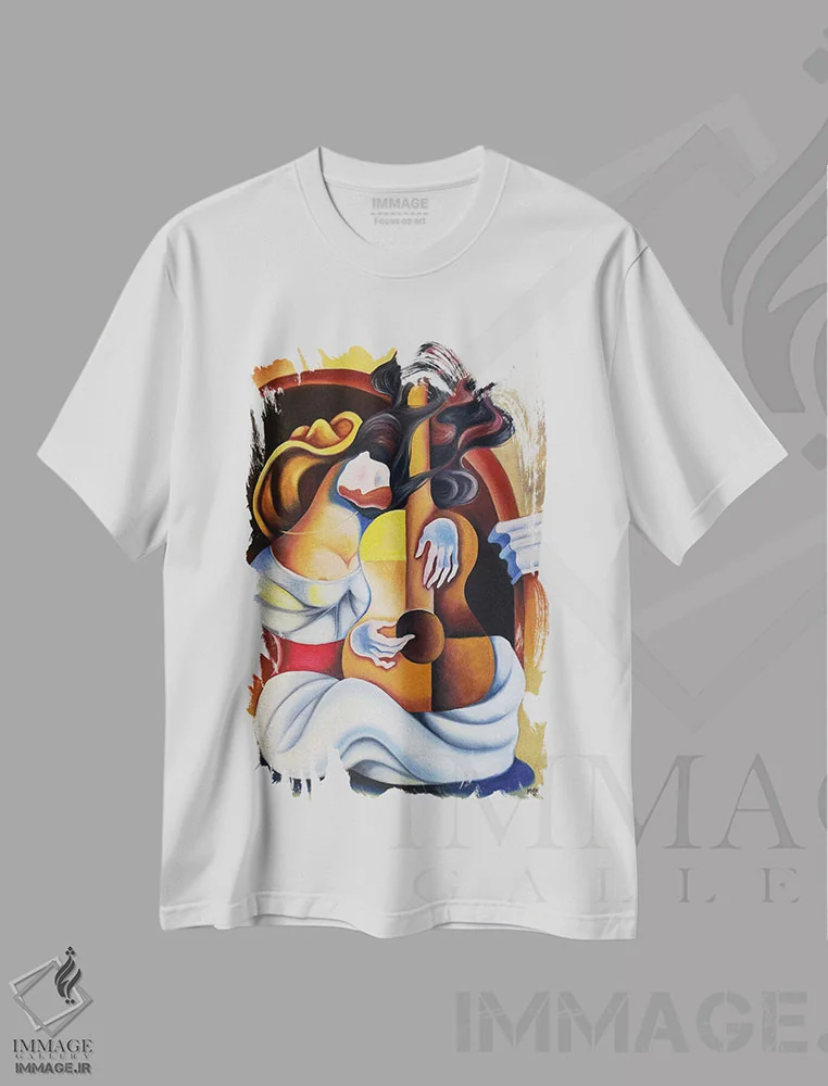تیشرت سفید طرح دار خواب با گیتار، هنر فاخر معاصر اثر دیکسی میگز | فروشگاه ایماژ
