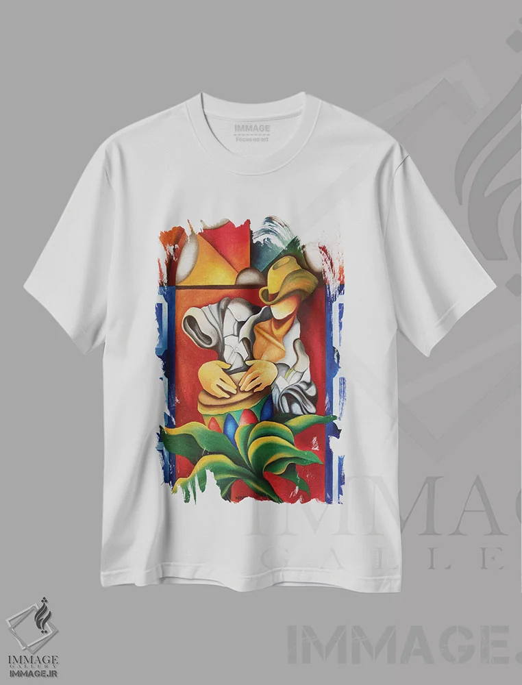 تیشرت سفید طرح دار طبل و شیشه رنگی، هنر فاخر معاصر اثر دیکسی میگز | immage.ir