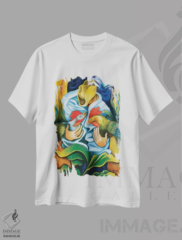 تیشرت سفید طرح دار گواخیرو با خروس ها، هنر فاخر معاصر اثر دیکسی میگز | فروشگاه ایماژ