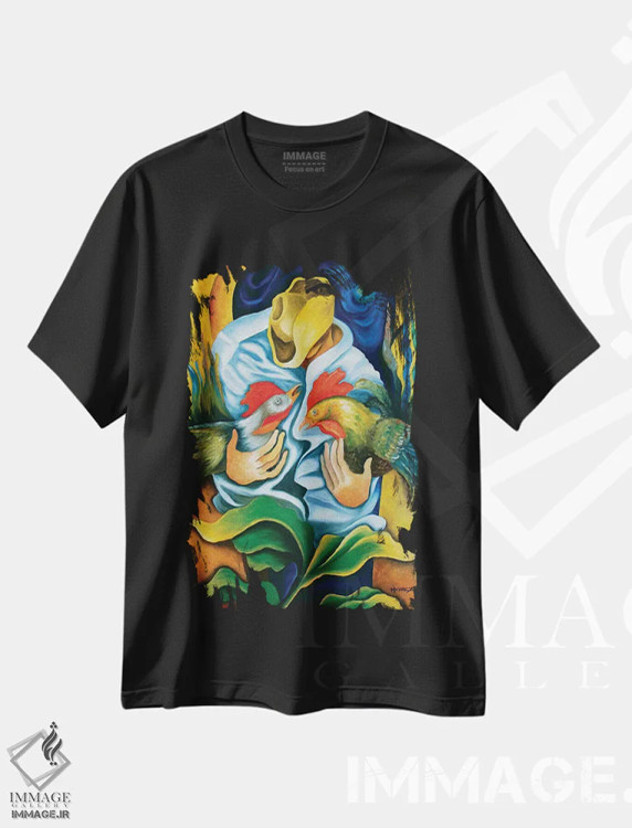 تیشرت مشکی طرح دار گواخیرو با خروس ها، هنر فاخر معاصر اثر دیکسی میگز | immage.ir
