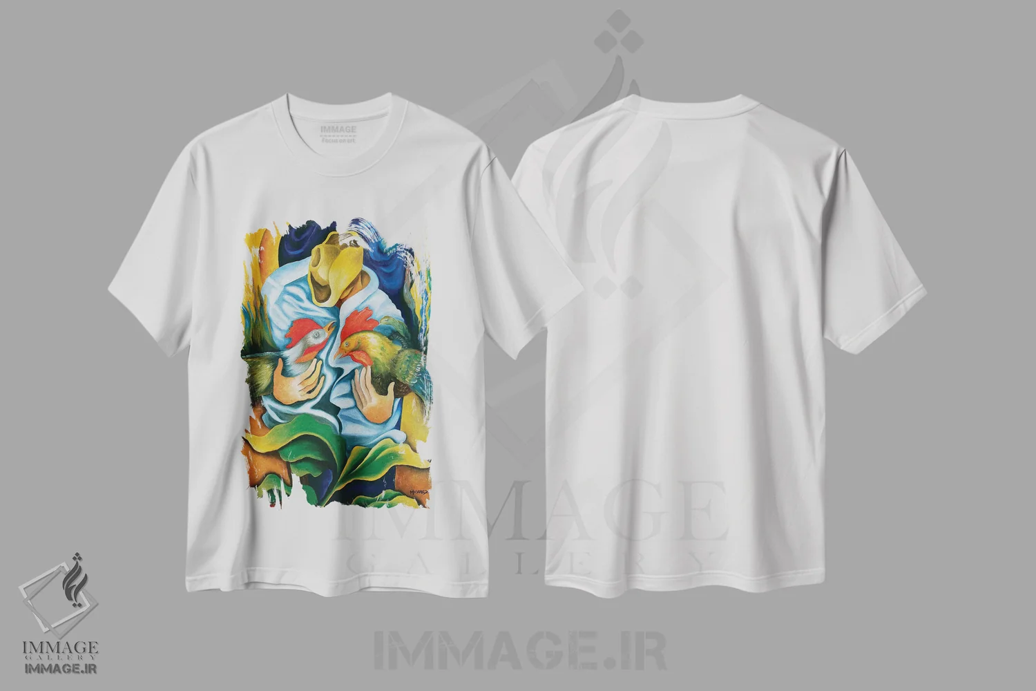 تیشرت سفید طرح دار گواخیرو با خروس ها، هنر فاخر معاصر اثر دیکسی میگز | فروشگاه ایماژ