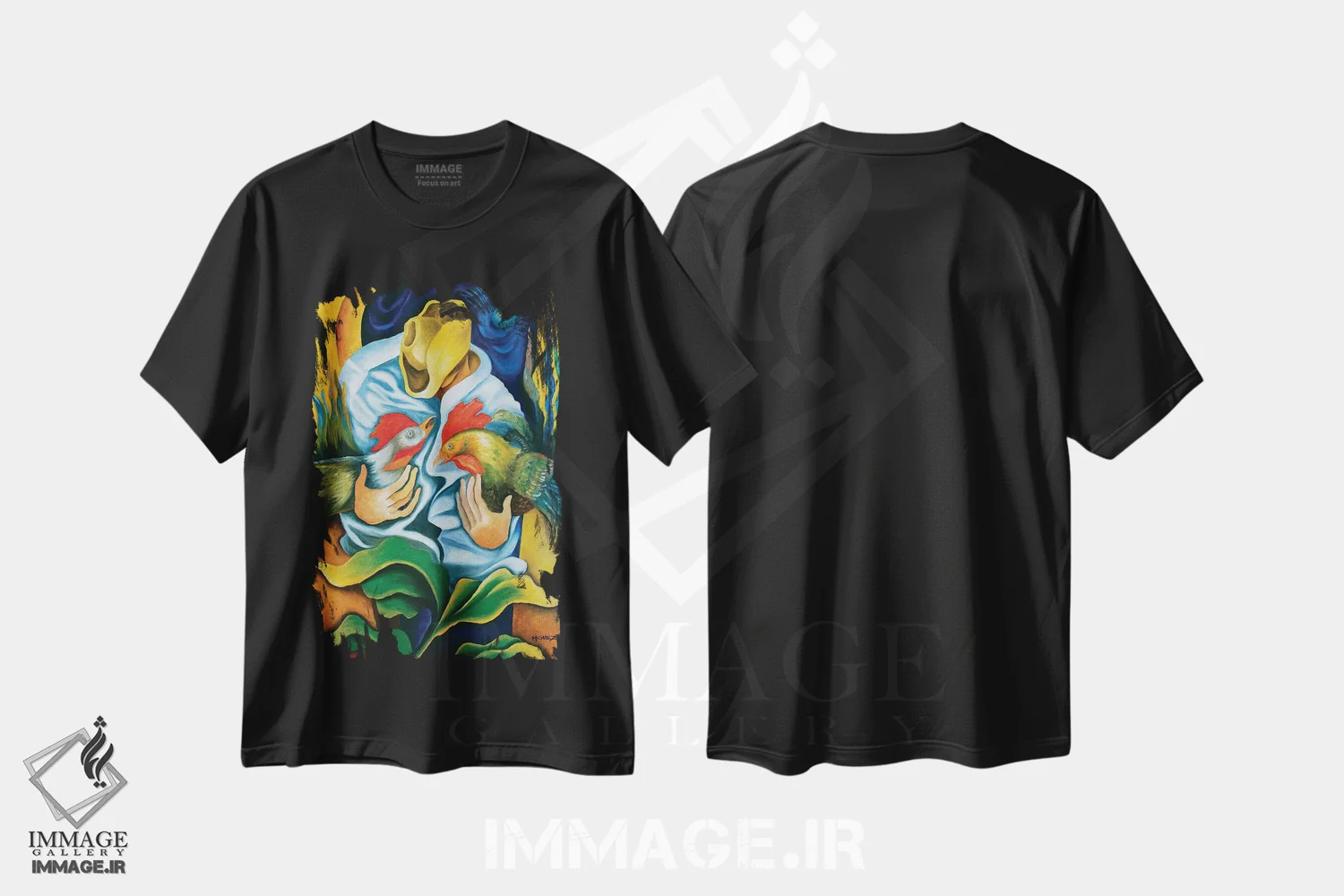 تیشرت مشکی طرح دار گواخیرو با خروس ها، هنر فاخر معاصر اثر دیکسی میگز | immage.ir