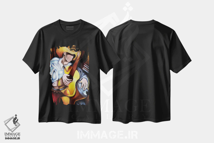 تیشرت مشکی طرح دار آبستره گیتار و طبل، هنر فاخر معاصر اثر دیکسی میگز | فروشگاه ایماژ