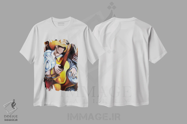 تیشرت سفید طرح دار آبستره گیتار و طبل، هنر فاخر معاصر اثر دیکسی میگز | immage.ir