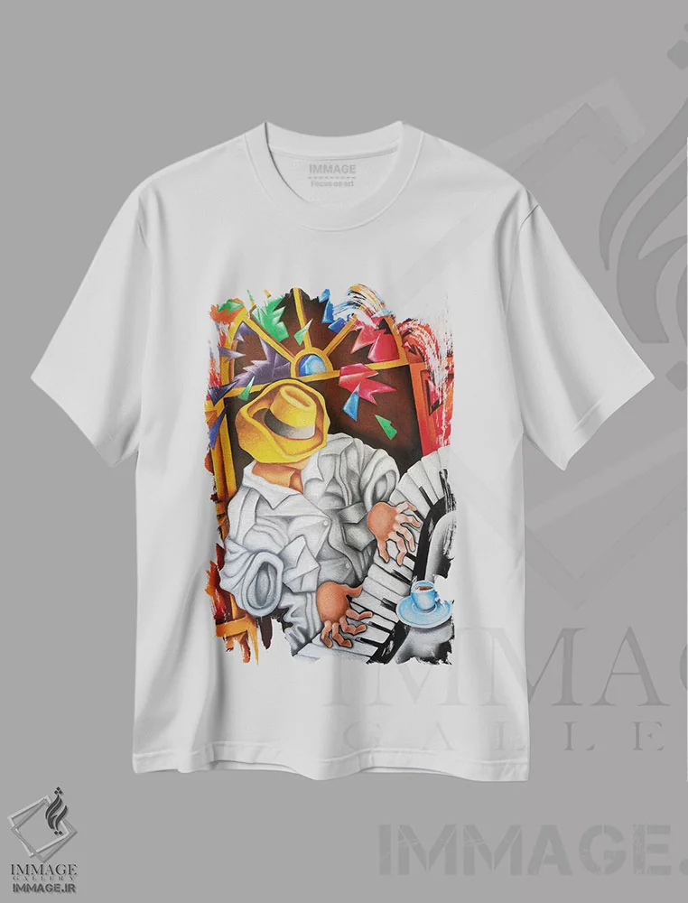 تیشرت سفید طرح دار پیانوفورته، هنر فاخر معاصر اثر دیکسی میگز | فروشگاه ایماژ
