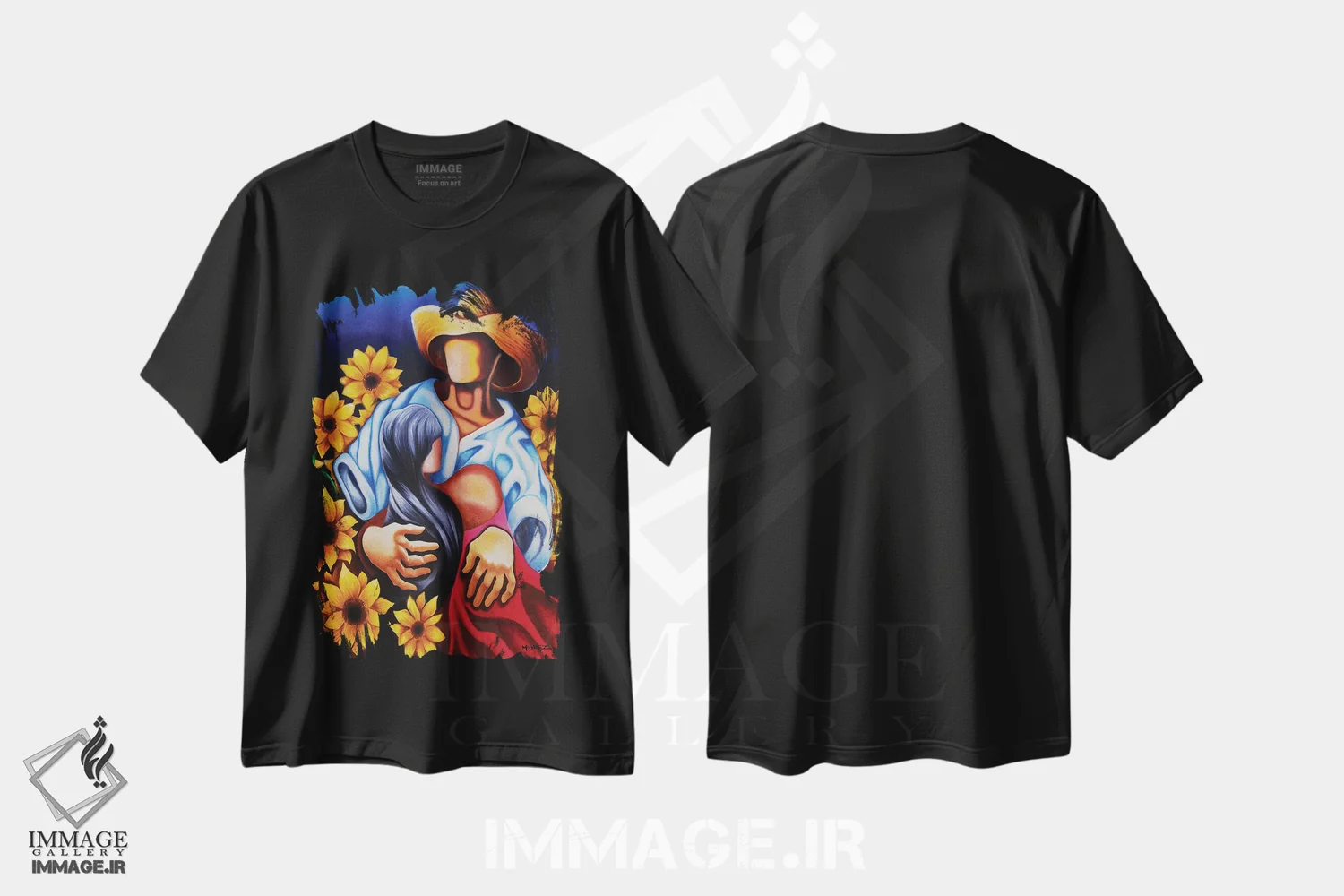 تیشرت مشکی طرح دار عشق در میان گل های آفتابگردان، هنر فاخر معاصر اثر دیکسی میگز | immage.ir