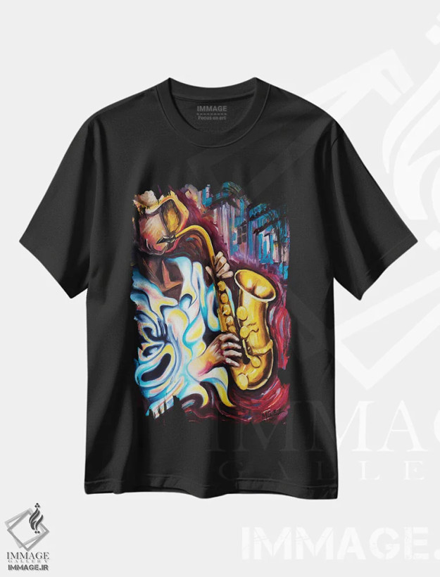 تیشرت مشکی طرح دار نوازنده ساکسیفون، هنر فاخر معاصر اثر دیکسی میگز | فروشگاه ایماژ