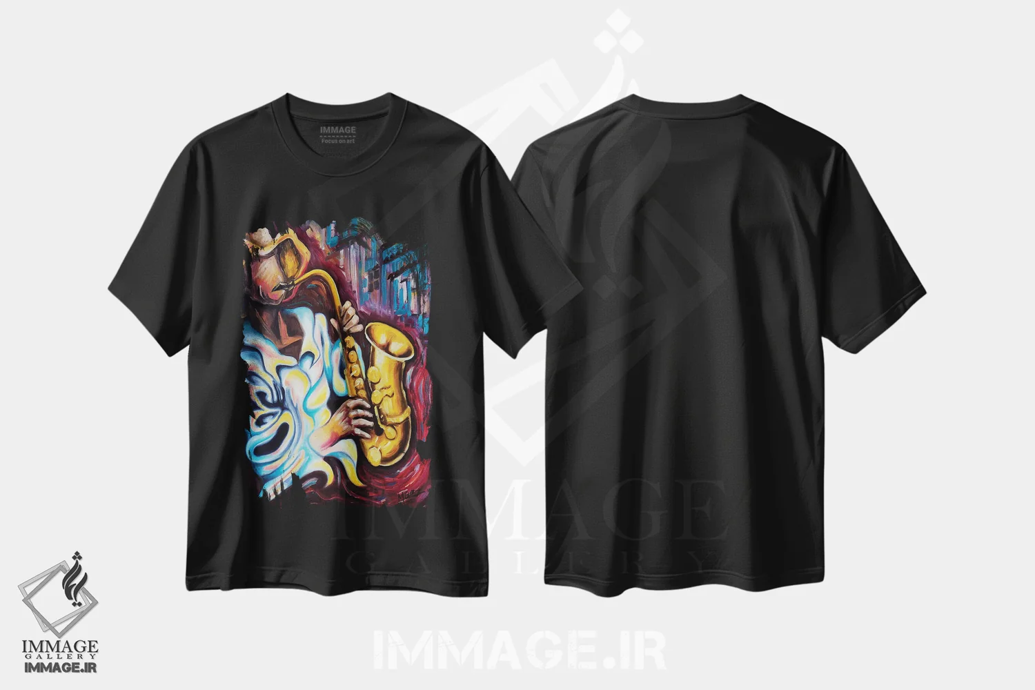 تیشرت مشکی طرح دار نوازنده ساکسیفون، هنر فاخر معاصر اثر دیکسی میگز | فروشگاه ایماژ