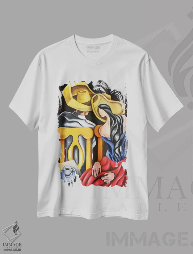 تیشرت سفید طرح دار نشسته، هنر فاخر معاصر اثر دیکسی میگز | فروشگاه ایماژ