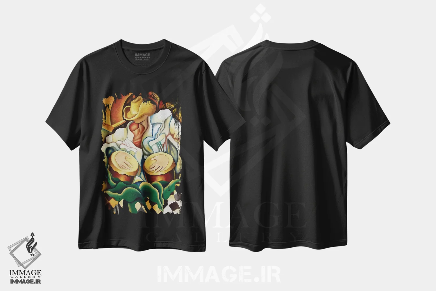 تیشرت مشکی طرح دار بونگوها، هنر فاخر معاصر اثر دیکسی میگز | فروشگاه ایماژ