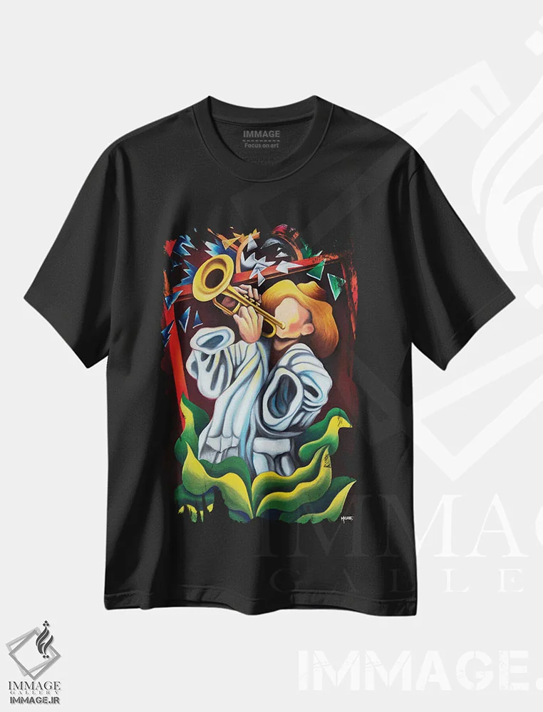 تیشرت مشکی طرح دار ترومپت در میان گیاهان، هنر فاخر معاصر اثر دیکسی میگز | فروشگاه ایماژ