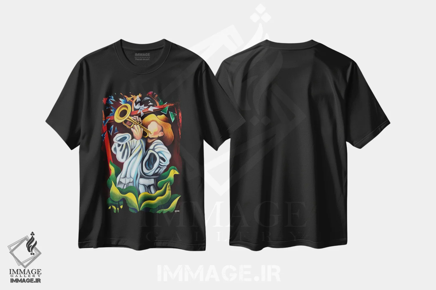 تیشرت مشکی طرح دار ترومپت در میان گیاهان، هنر فاخر معاصر اثر دیکسی میگز | فروشگاه ایماژ