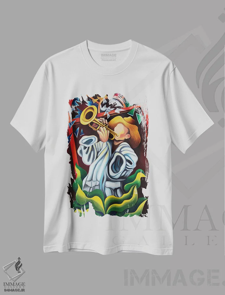 تیشرت سفید طرح دار ترومپت در میان گیاهان، هنر فاخر معاصر اثر دیکسی میگز | immage.ir