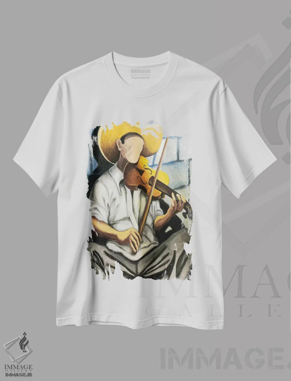 تیشرت سفید طرح دار نوازنده ویولن، هنر فاخر معاصر اثر دیکسی میگز | فروشگاه ایماژ