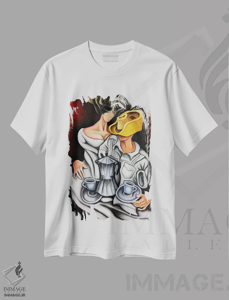 تیشرت سفید طرح دار قهوه و قهوه ساز، هنر فاخر معاصر اثر دیکسی میگز | immage.ir