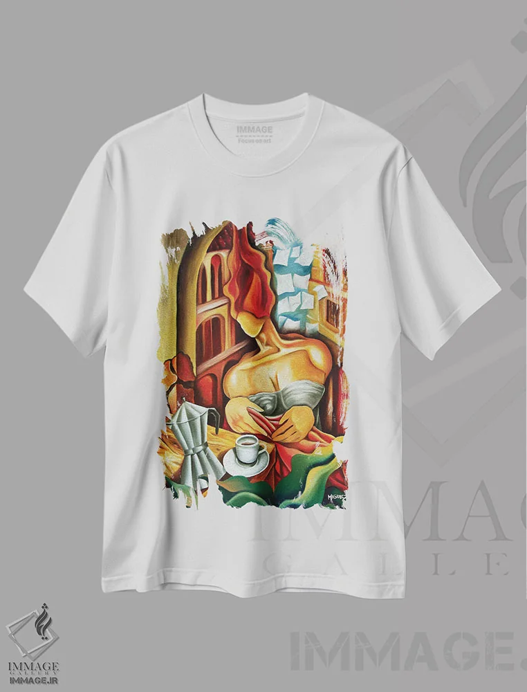 تیشرت سفید طرح دار قهوه در بالکن، هنر فاخر معاصر اثر دیکسی میگز | فروشگاه ایماژ
