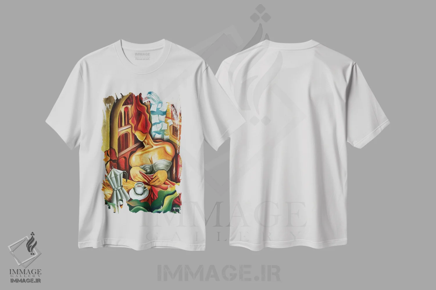 تیشرت سفید طرح دار قهوه در بالکن، هنر فاخر معاصر اثر دیکسی میگز | فروشگاه ایماژ