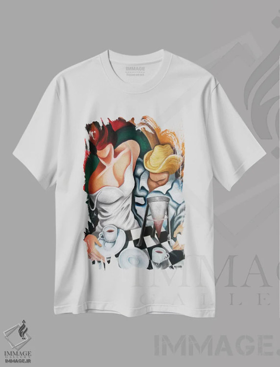 تیشرت سفید طرح دار قهوه برای دو نفر، هنر فاخر معاصر اثر دیکسی میگز | immage.ir