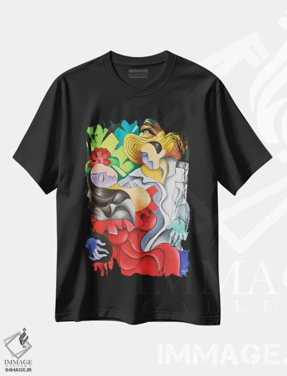 تیشرت مشکی طرح دار عشق انتزاعی در روستا، هنر فاخر معاصر اثر دیکسی میگز | فروشگاه ایماژ