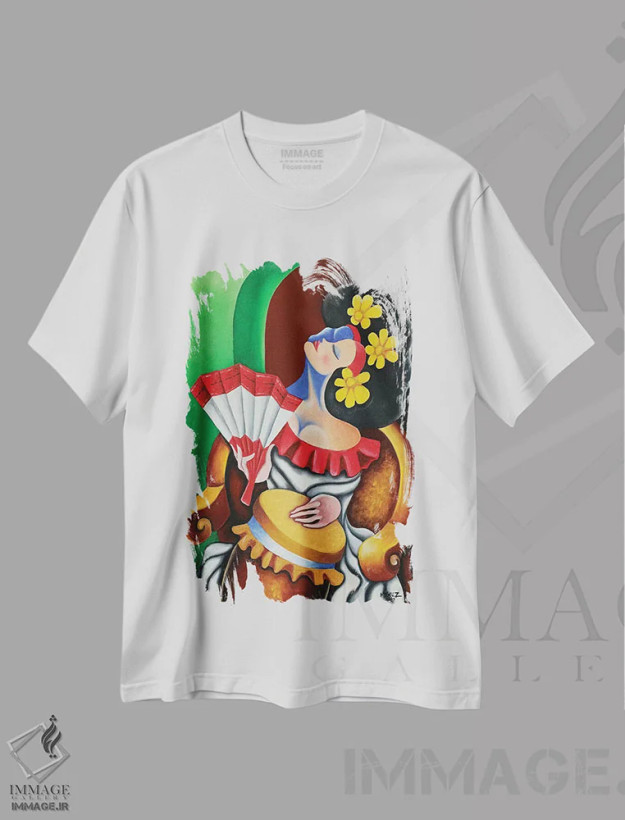 تیشرت سفید طرح دار استراحت با طبل ها، هنر فاخر معاصر اثر دیکسی میگز | فروشگاه ایماژ
