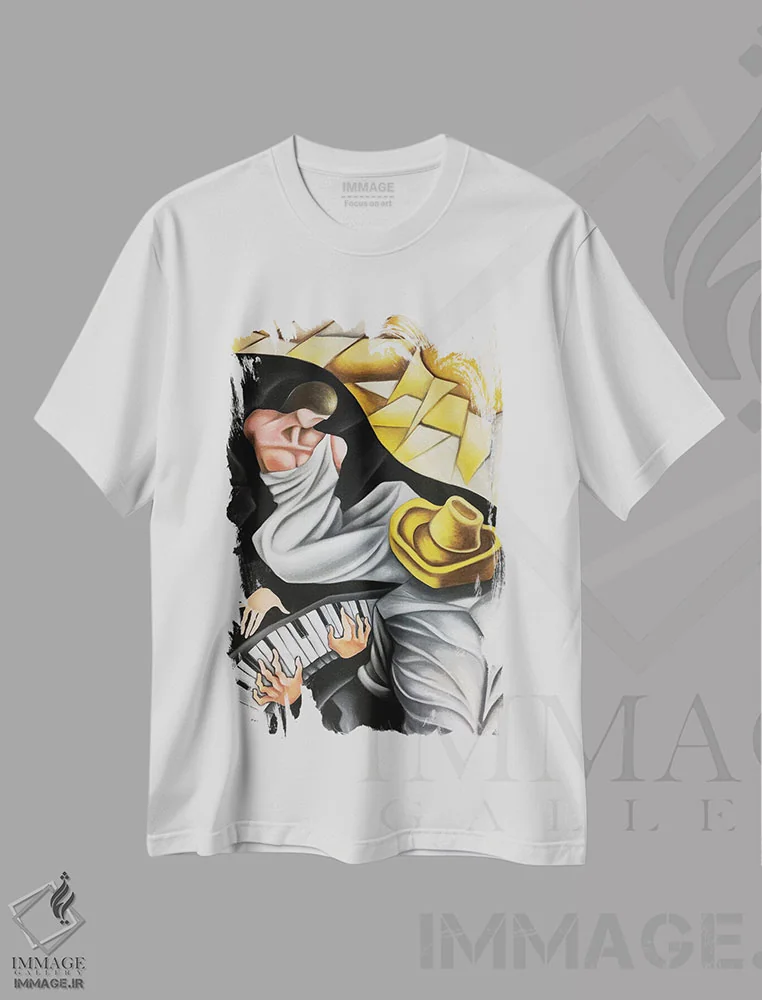 تیشرت سفید طرح دار الهه الهام پیانیست، دکور معاصر اثر دیکسی میگز | فروشگاه ایماژ
