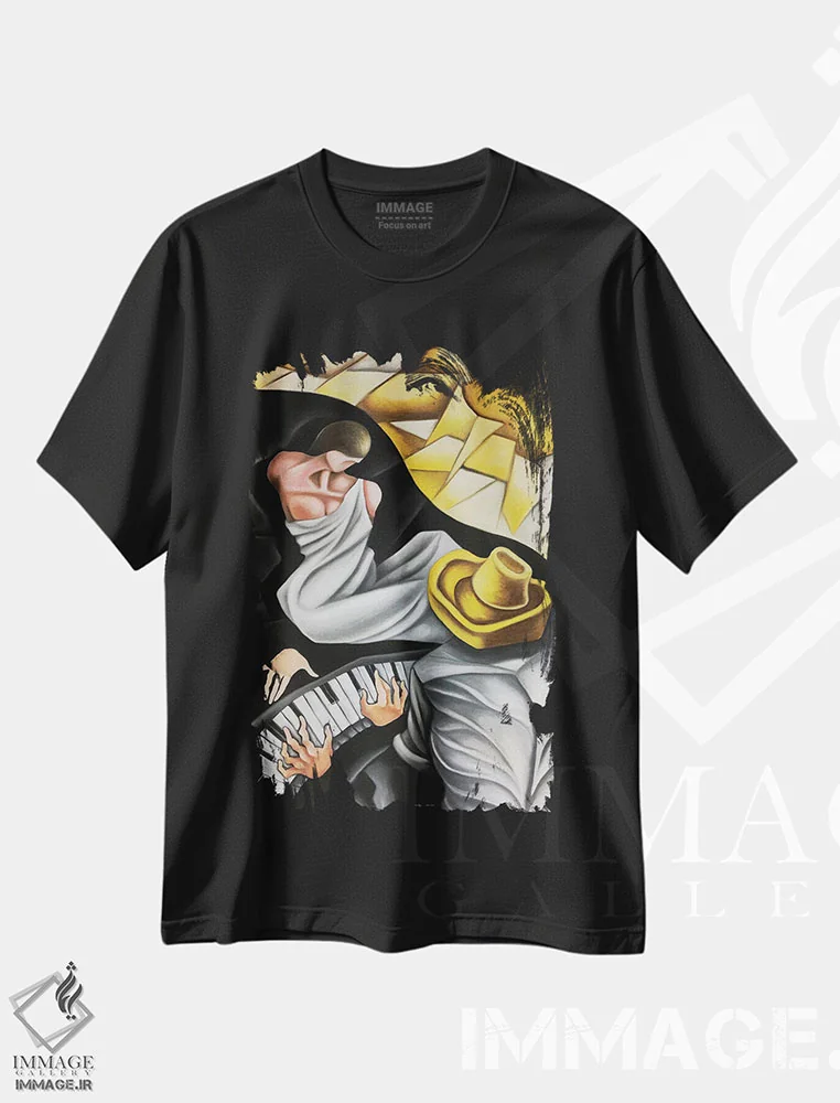 تیشرت مشکی طرح دار الهه الهام پیانیست، دکور معاصر اثر دیکسی میگز | immage.ir