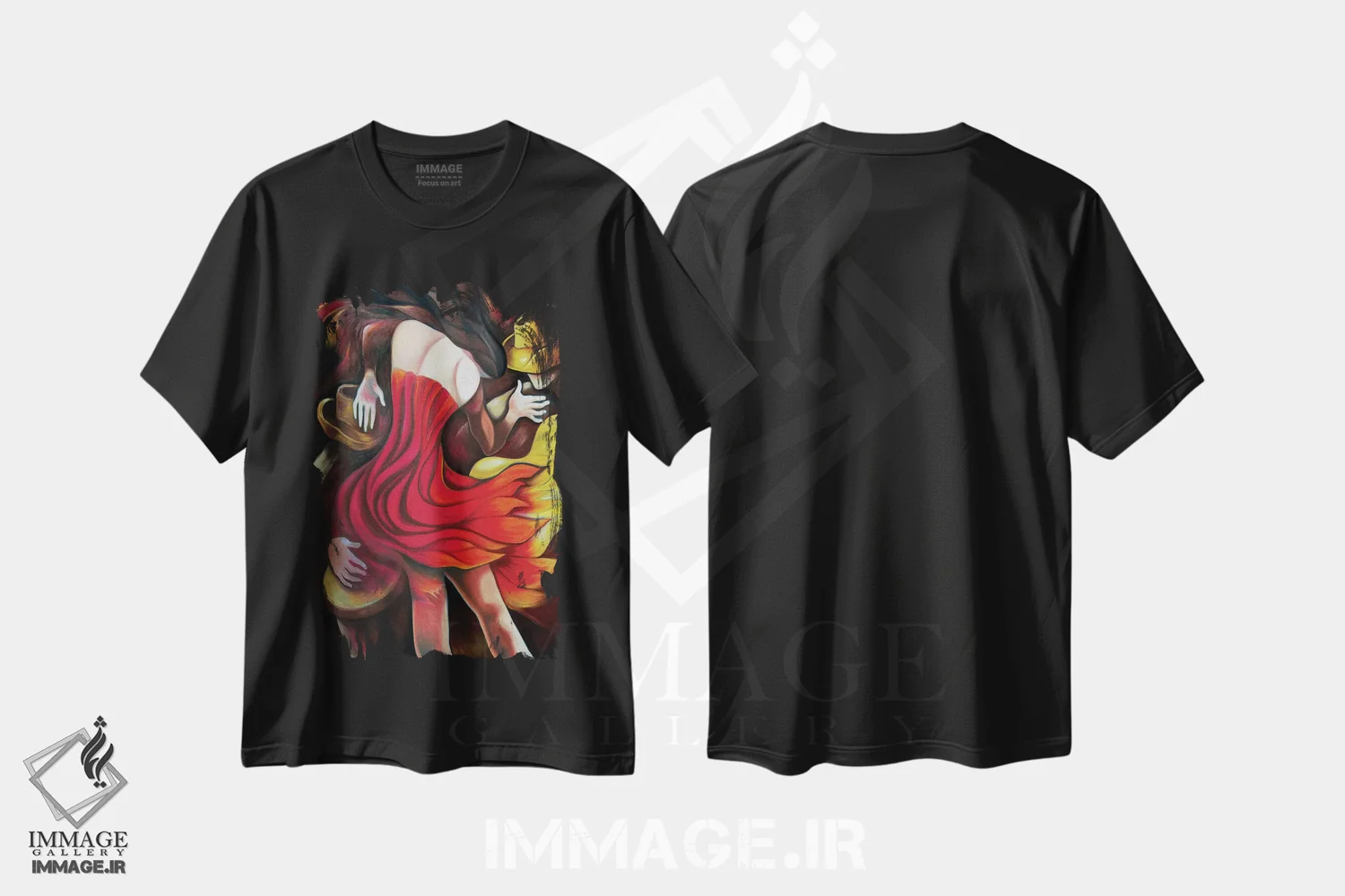 تیشرت مشکی طرح دار رومبای آتشین، هنر فاخر معاصر اثر دیکسی میگز | فروشگاه ایماژ