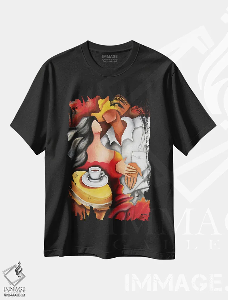 تیشرت مشکی طرح دار رقص قهوه ای، هنر فاخر معاصر اثر دیکسی میگز | فروشگاه ایماژ