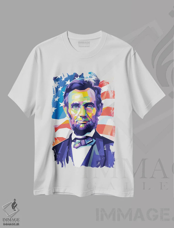 تیشرت سفید طرح دار آبراهام لینکلن، دکور آمریکایی اثر دایات بانگای | فروشگاه ایماژ