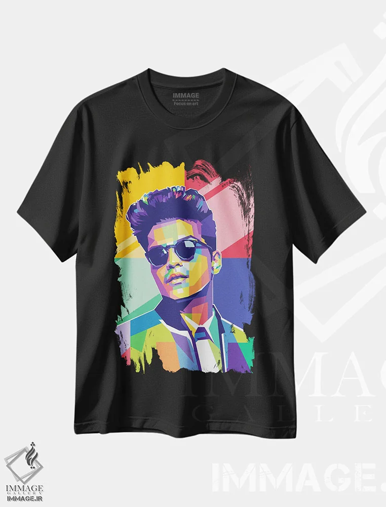 تیشرت مشکی طرح دار برونو مارس، هنر آمریکایی آفریقایی تبار اثر دایات بانگای | فروشگاه ایماژ