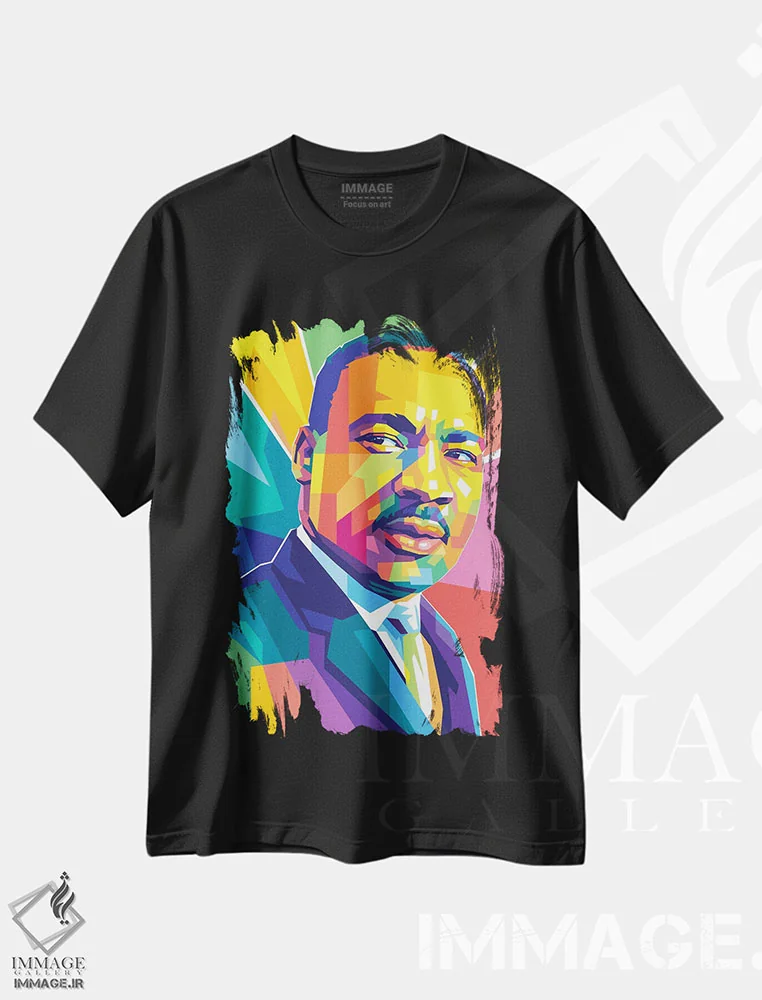تیشرت مشکی طرح دار مارتین لوترکینگ جونیور ۳، هنر آمریکایی آفریقایی تبار اثر دایات بانگای | فروشگاه ایماژ