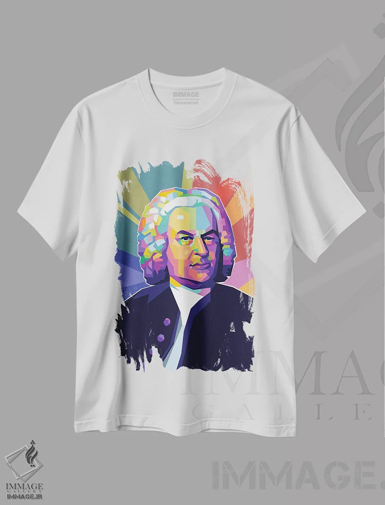 تیشرت سفید طرح دار یوهان سباستیان باخ، هنر دیجیتال اثر دایات بانگای | فروشگاه ایماژ