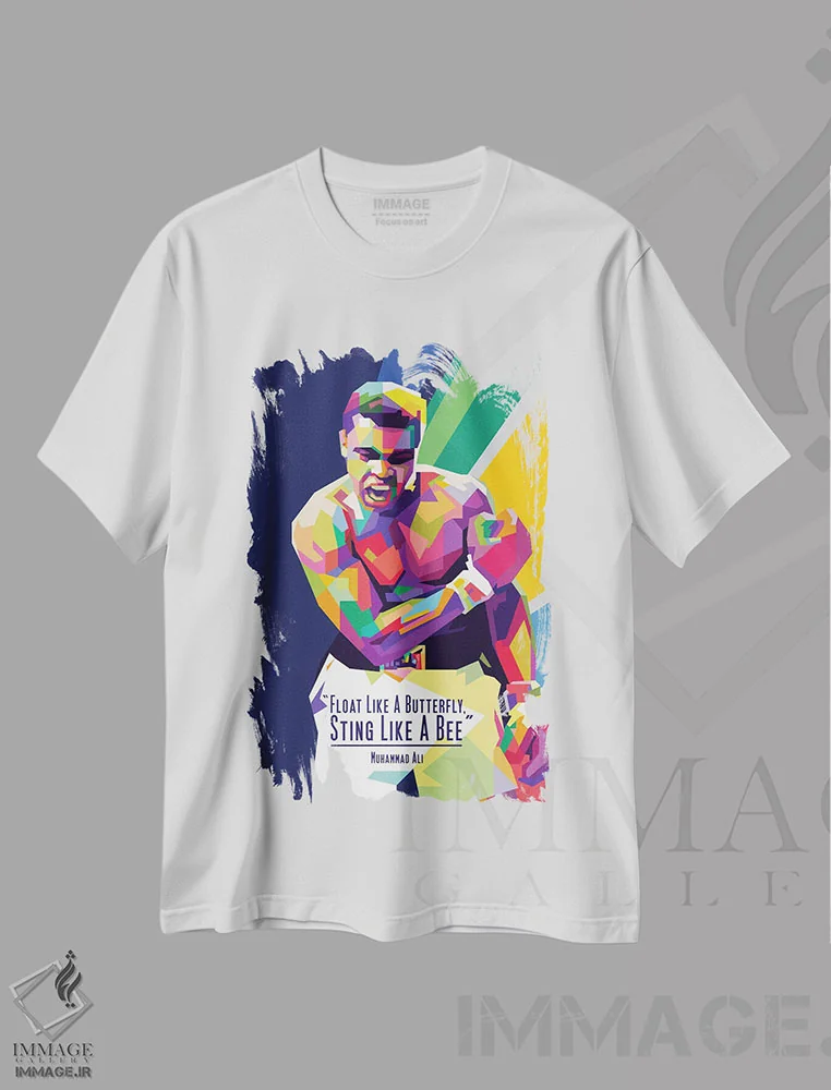 تیشرت سفید طرح دار نقل قول های محمد علی، هنر آمریکایی آفریقایی تبار اثر دایات بانگای | immage.ir