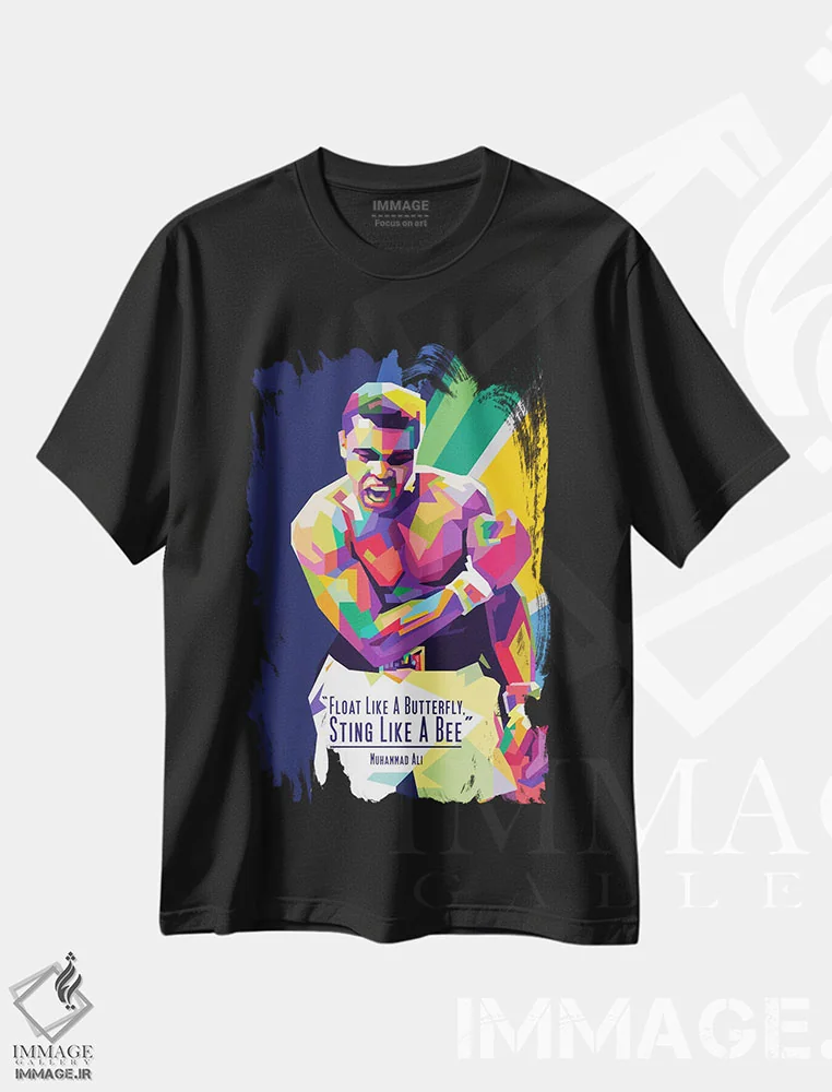 تیشرت مشکی طرح دار نقل قول های محمد علی، هنر آمریکایی آفریقایی تبار اثر دایات بانگای | فروشگاه ایماژ