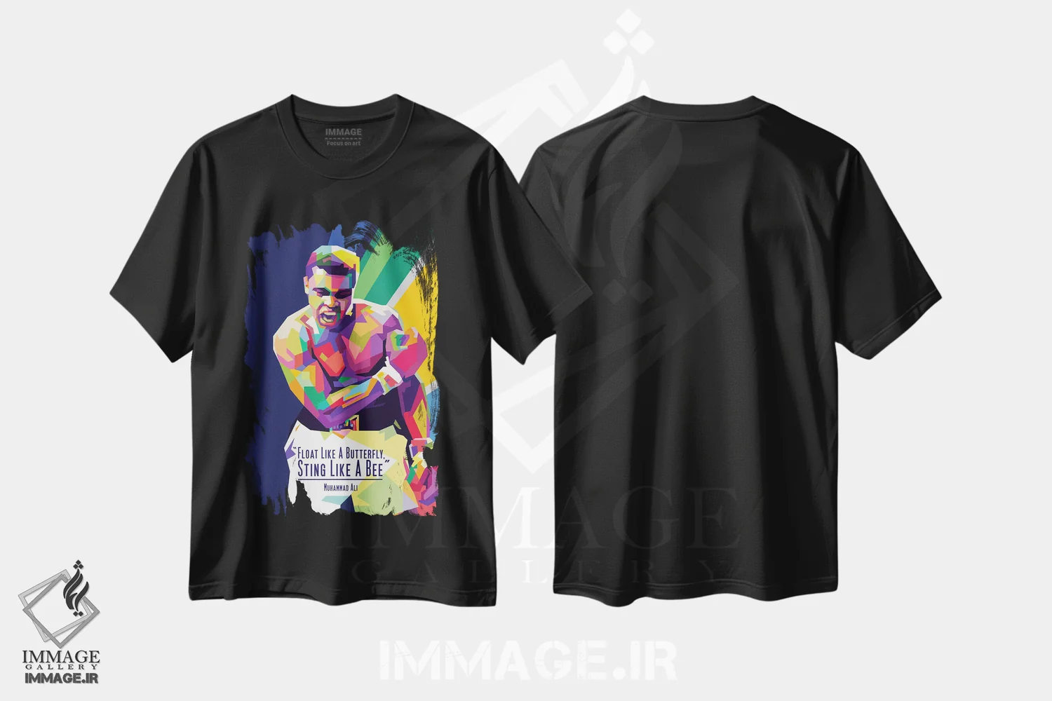 تیشرت مشکی طرح دار نقل قول های محمد علی، هنر آمریکایی آفریقایی تبار اثر دایات بانگای | فروشگاه ایماژ