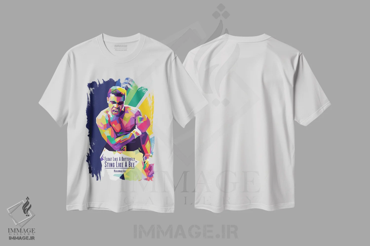 تیشرت سفید طرح دار نقل قول های محمد علی، هنر آمریکایی آفریقایی تبار اثر دایات بانگای | immage.ir