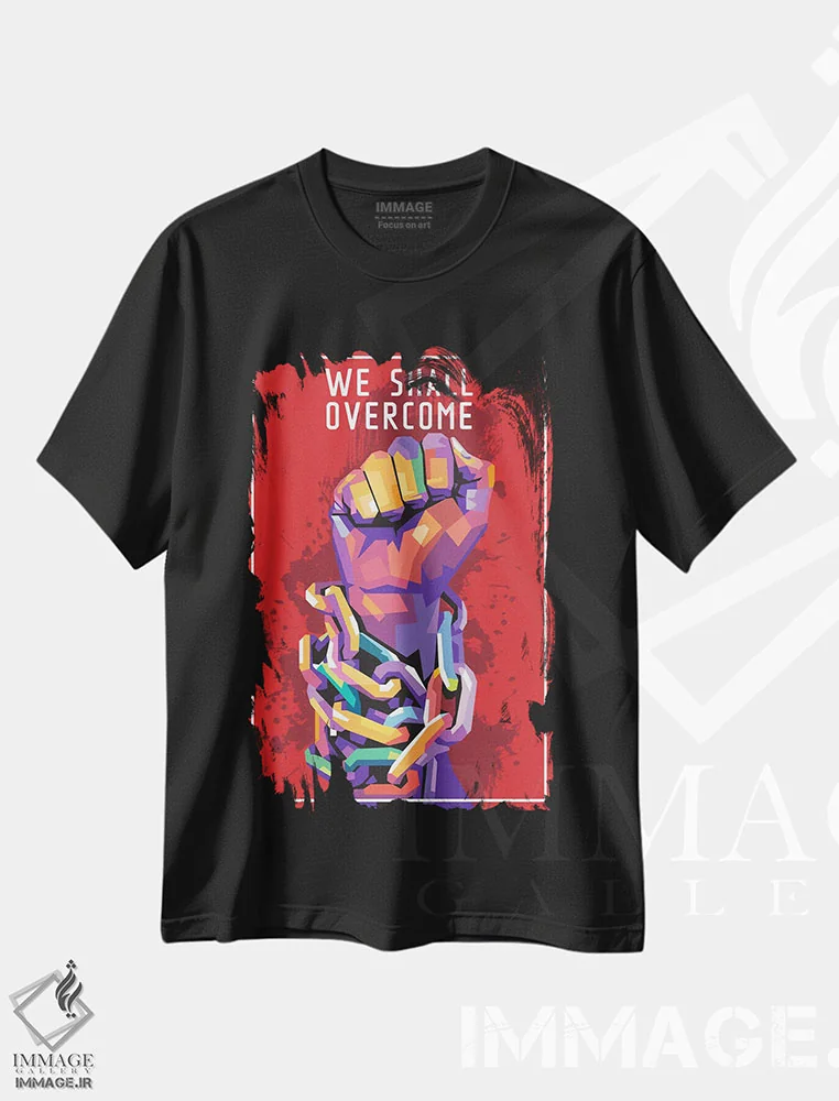 تیشرت مشکی طرح دار ما پیروز خواهیم شد، هنر آمریکایی آفریقایی تبار اثر دایات بانگای | immage.ir