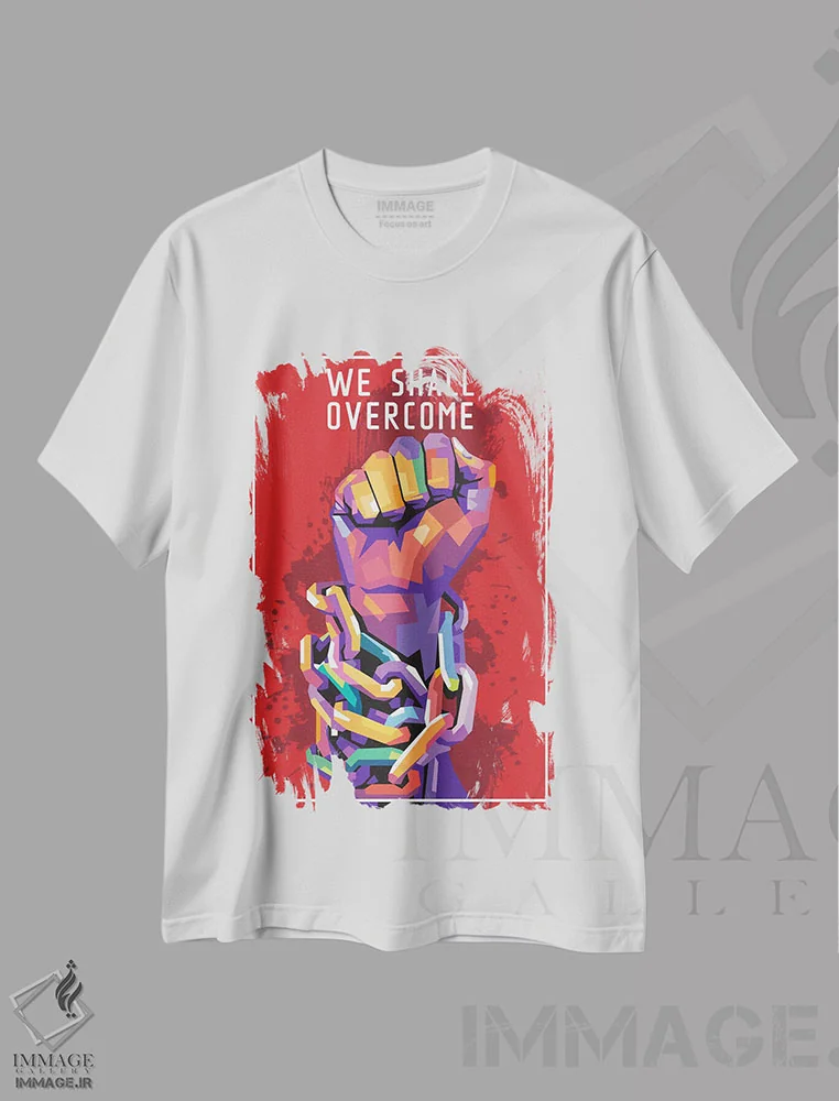 تیشرت سفید طرح دار ما پیروز خواهیم شد، هنر آمریکایی آفریقایی تبار اثر دایات بانگای | فروشگاه ایماژ