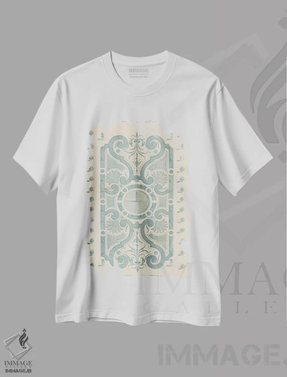 تیشرت سفید طرح دار طراحی باغ در آبی ۱، تزئینی اثر دزالیه دارژانویل | immage.ir