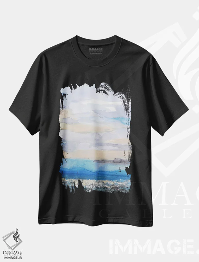 تیشرت مشکی طرح دار منظرهٔ انتزاعی دریا بیست و هفت اثر رادیانا کریستوا | فروشگاه ایماژ